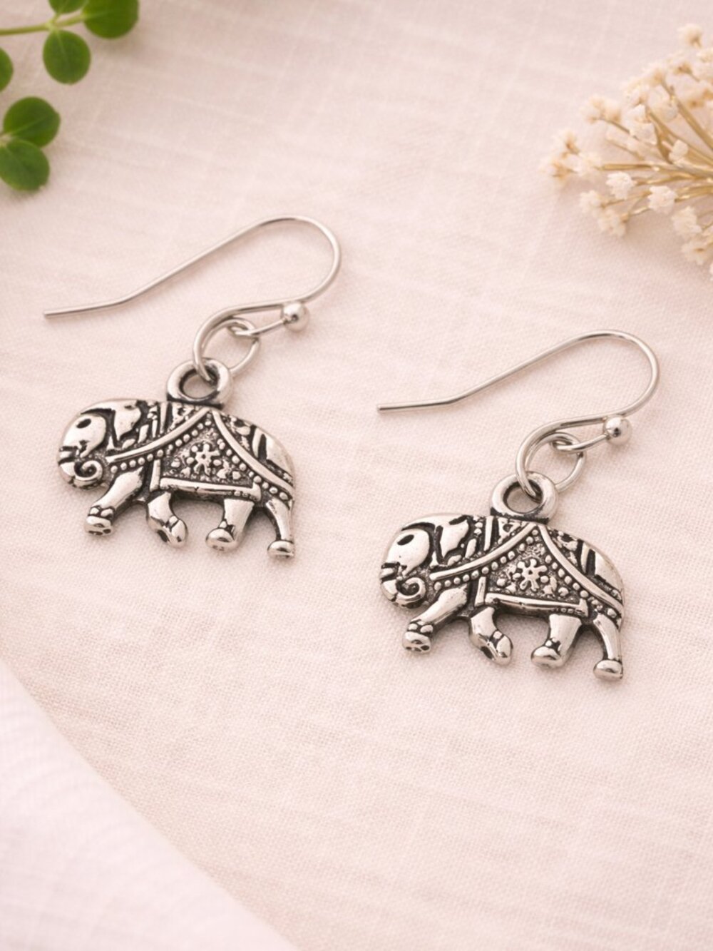 Dainty Good Luck Elephant Dangle Earrings Antiqued Silver